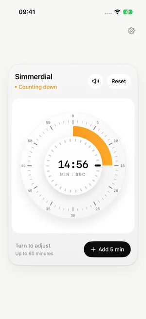 Simmerdial on iPhone: the dial, remaining time, Reset, and Add 5 min.